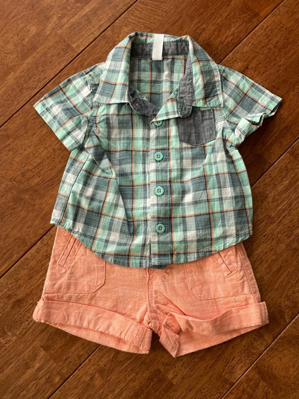 Cherokee Mint Green and Coral Plaid Short-Sleeve Button-Down